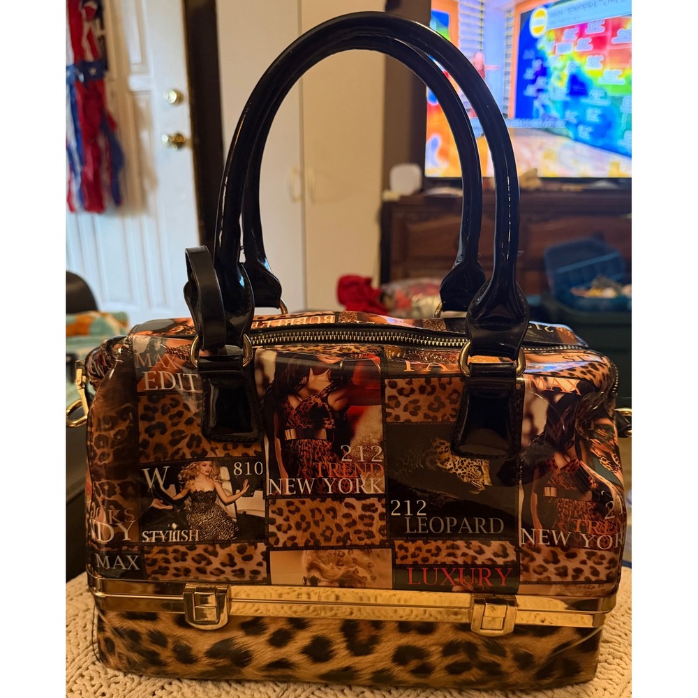 Le Miel Pasiion Leopard Magazine Print Satchel Bag Gold Frame Bottom Compartment - Picture 3 of 16